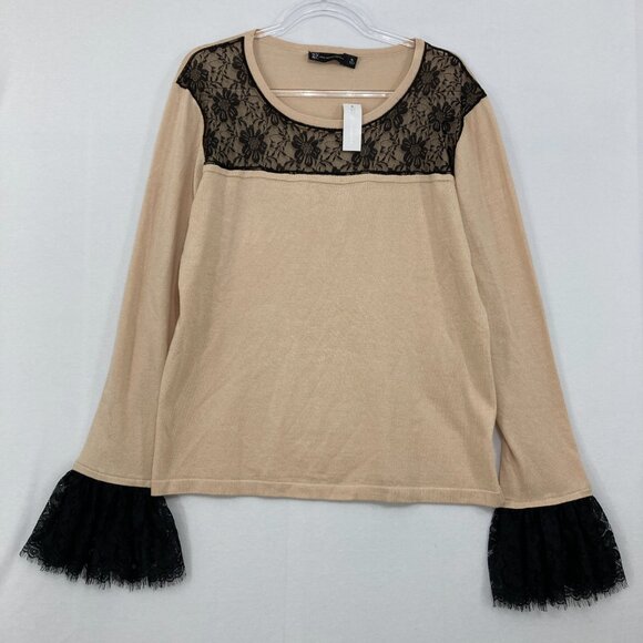 NWT New York & Company size XL Cream Black Lace Ruffle Detail Stretch Knit Top - Picture 1 of 10